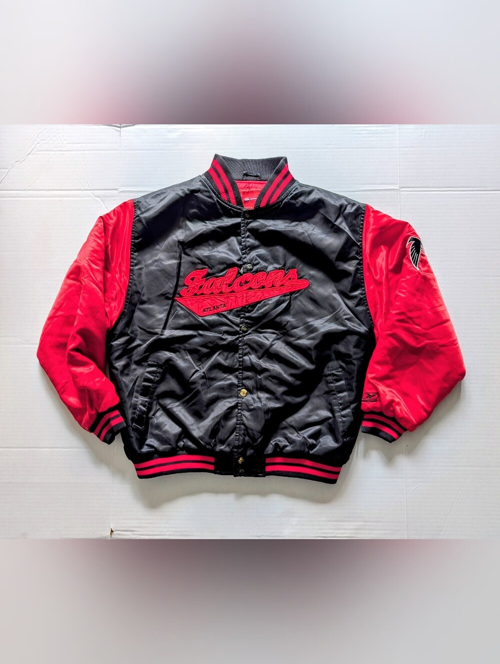 vintage Reebok FalconsRed/Black Satin Bomber Jacket | Mens size small